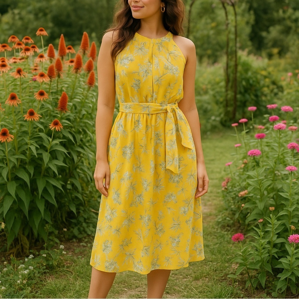 Ann Taylor Yellow Floral Print Sleeveless Midi Dress